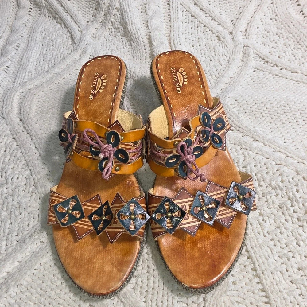 Spring‎ Step Wedge Slide Sandals Brown Leather Flowers Floral Boho Womens 40 9